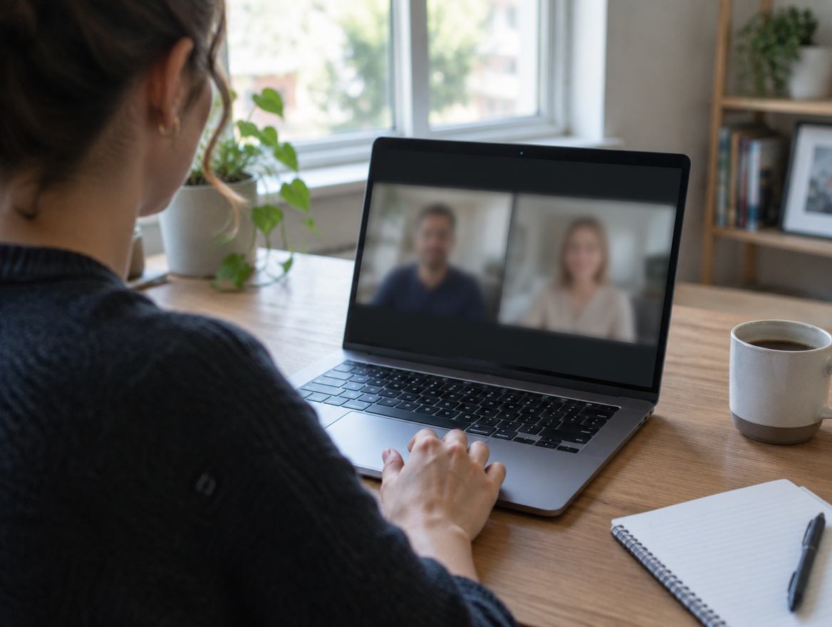 A video call introduction seen over someone's shoulder