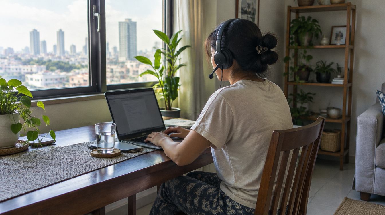 A woman with a headset working on a laptop at a table by a window overlooking the city